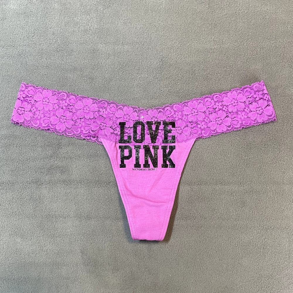 Victoria's Secret PINK 2011 Extra Low Rise Thong Panty Purple Graphic Lace Waist